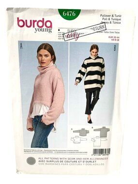 Burda 6476 Pattern Misses  Pullover Top Tunic  Size 8 10 12 14 16 18